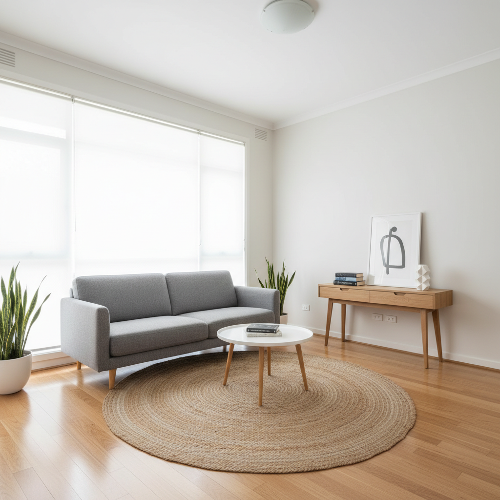 A styled Melbourne investment property lounge showcasing a budget-conscious yet polished transformation. A previously empty room now holds a slim-profile mid-grey fabric sofa, a round white-top coffee table with light timber legs, and a textured natural-fiber rug grounding the seating zone. A narrow console table against the wall holds a pair of stacked books, a small sculptural decor piece, and a minimal framed print leaning casually. Large windows with simple white roller blinds allow bright, even daylight to flood the space, eliminating harsh shadows. Photographic realism with a wide-angle lens, shot from a front corner to show the full room, maintaining straight verticals for a professional real estate look. The mood is fresh, accessible, and clearly demonstrates the value of affordable pre-sale styling.