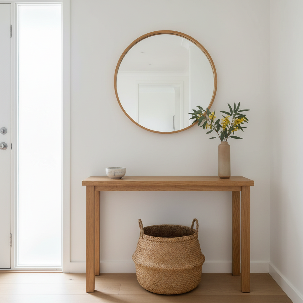 A styled entry hallway of a Melbourne family home, designed for pre-sale appeal. A narrow natural oak console table with clean lines is positioned against a crisp white wall, topped with a round timber-framed mirror, a small ceramic bowl for keys, and a single tall vase with a few stems of native foliage. Beneath the console, a woven basket in warm natural fiber hints at hidden storage. Soft overcast daylight enters from a nearby frosted glass front door, producing gentle, even light with minimal shadows. Photographic realism, shot straight-on at eye level with a balanced composition that centers the console and mirror. The mood is orderly, welcoming, and subtly luxurious while clearly remaining achievable and affordable for everyday sellers.
