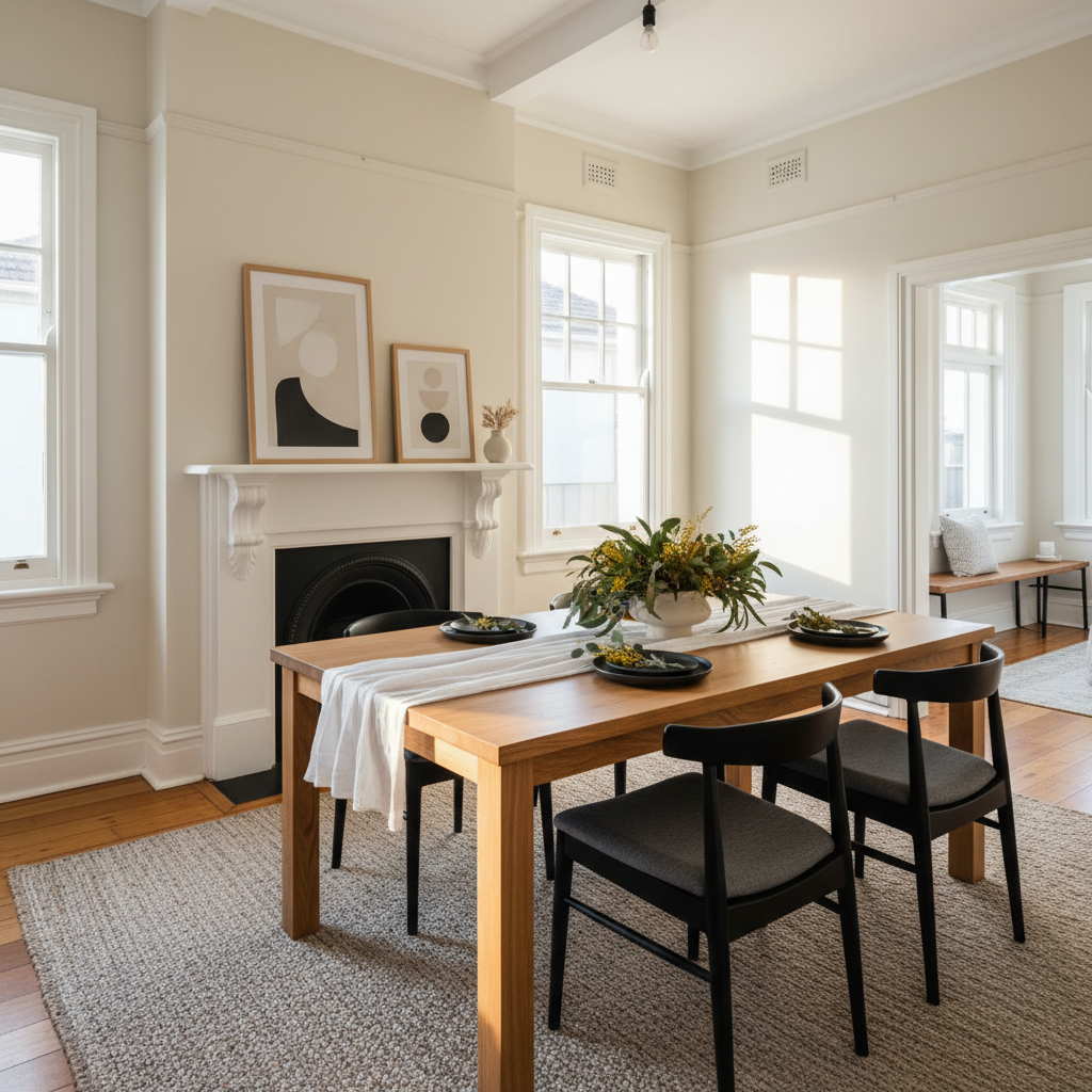 A light-filled Melbourne dining area in a period home, showcasing an oak rectangular dining table with a satin finish, styled with a simple white linen runner, minimalist black stoneware plates, and a low arrangement of native Australian greenery. Surrounding are modern black timber dining chairs with upholstered seats in soft charcoal fabric. A white-painted fireplace with a clean mantel displays two carefully chosen framed prints in neutral tones. Golden hour sunlight streams through sash windows, creating subtle highlights on the table and gentle shadows on the walls. Photographic realism with a rule-of-thirds composition, shot from a slightly elevated angle, conveying a warm, welcoming, and professionally curated space ideal for real estate photography.