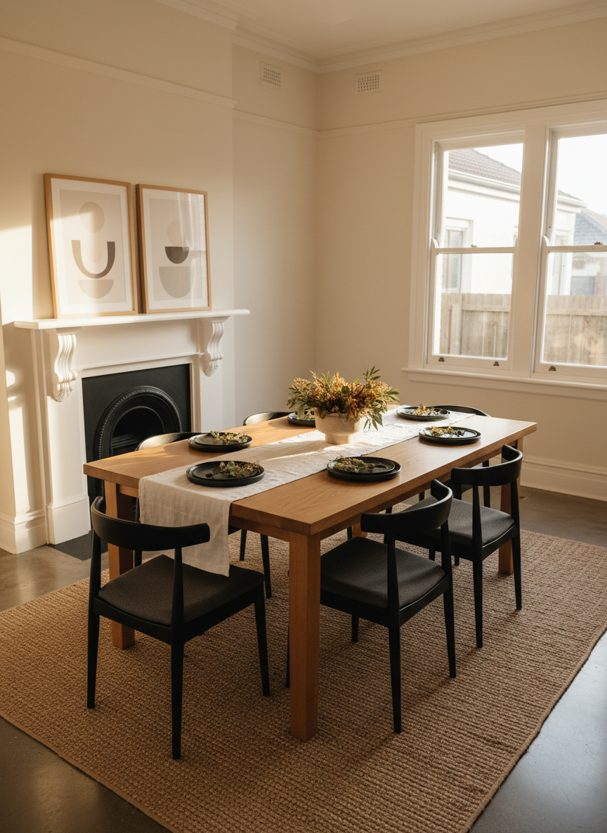 A light-filled Melbourne dining area in a period home, showcasing an oak rectangular dining table with a satin finish, styled with a simple white linen runner, minimalist black stoneware plates, and a low arrangement of native Australian greenery. Surrounding are modern black timber dining chairs with upholstered seats in soft charcoal fabric. A white-painted fireplace with a clean mantel displays two carefully chosen framed prints in neutral tones. Golden hour sunlight streams through sash windows, creating subtle highlights on the table and gentle shadows on the walls. Photographic realism with a rule-of-thirds composition, shot from a slightly elevated angle, conveying a warm, welcoming, and professionally curated space ideal for real estate photography.