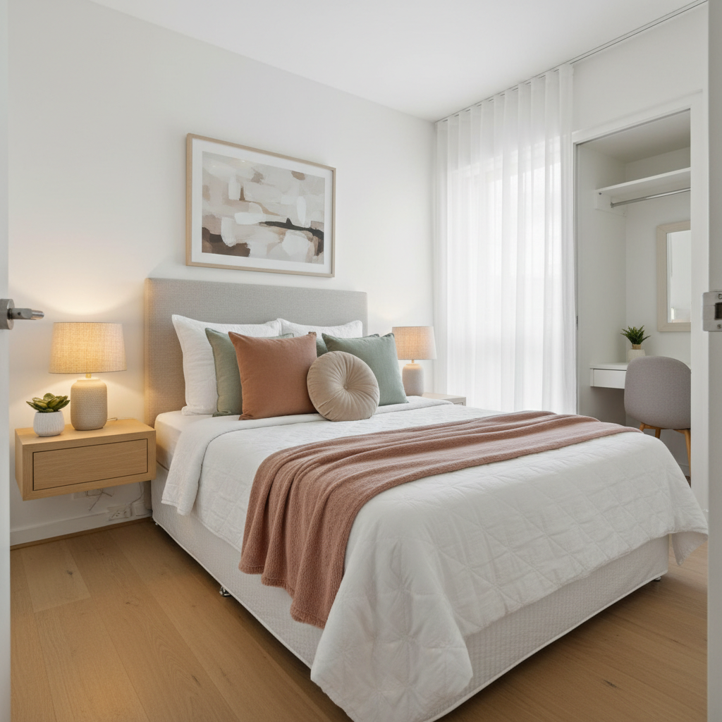 A compact Melbourne apartment bedroom styled for sale, featuring a queen bed with a crisp white quilted coverlet, layered with a soft blush throw and cushions in muted clay, sage, and oatmeal tones. A light oak floating bedside table supports a small ceramic lamp with a warm linen shade and a single, low-maintenance indoor plant in a matte white pot. Behind the bed, a simple framed abstract artwork in neutral hues adds height without overpowering. Morning diffused light filters through sheer white curtains, giving the room an airy, tranquil feel. Photographic realism, captured from the doorway at an eye-level angle, with a shallow depth of field that softly blurs the far corner, emphasizing the sense of space and calm, affordable luxury.