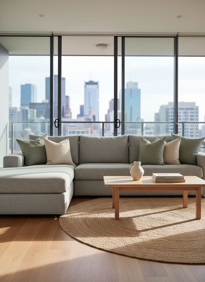 A meticulously styled Melbourne living room in a contemporary apartment, featuring a soft dove-grey modular sofa with textured linen cushions in muted eucalyptus and sand tones. A pale oak coffee table with a matte finish holds a single ceramic vase and a curated stack of design books. The space opens to a balcony with a hint of city skyline softly blurred in the distance. Natural afternoon light pours through large glass doors, casting gentle shadows on a warm oak floor and a subtle jute rug. Photographic realism, shot at eye level with a slightly wide angle, crisp focus throughout, creating a calm, inviting, and professionally styled atmosphere that communicates affordable yet aspirational pre-sale property styling.