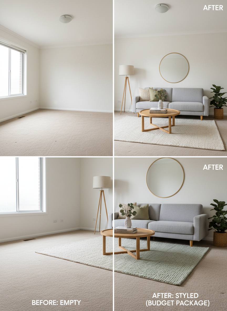 A before-and-after style composition of a Melbourne living area, split down the middle. On the left, an empty beige-carpeted room with plain white walls and no furnishings. On the right, the same space transformed with an affordable property styling package: a low-profile neutral sofa, a round timber coffee table, layered rugs for texture, and a few carefully chosen decor pieces in soft greens and warm neutrals. Light remains consistent in both halves, with bright but diffused daytime illumination from an unseen window. Photographic realism with a precise, symmetrical composition, clearly delineating the two states. The overall impression highlights the dramatic improvement in warmth, function, and buyer appeal achieved through budget-conscious styling.