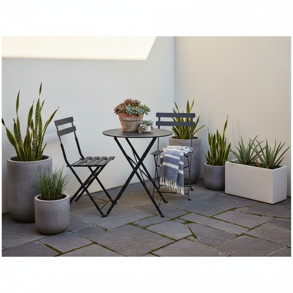 A styled outdoor courtyard of a Melbourne townhouse, designed to appeal to buyers on a budget. A compact, powder-coated black metal bistro setting with a slatted tabletop is dressed with a small terracotta pot of hardy succulents and a folded striped outdoor throw. Surrounding the setting, low-maintenance potted greenery sits in simple concrete and white planters along a rendered wall. Late afternoon light creates a soft, warm glow, highlighting textures in the paving stones and casting gentle, elongated shadows. Photographic realism, captured at a slightly elevated three-quarter angle, with a moderate depth of field that keeps both foreground and background in focus. The atmosphere is relaxed and welcoming, showcasing how inexpensive styling can transform even small outdoor spaces into desirable lifestyle zones.
