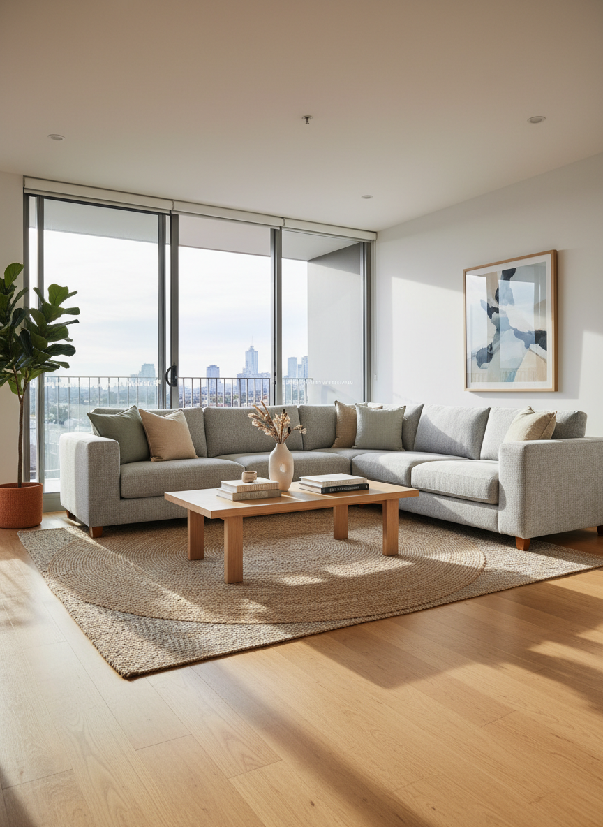A meticulously styled Melbourne living room in a contemporary apartment, featuring a soft dove-grey modular sofa with textured linen cushions in muted eucalyptus and sand tones. A pale oak coffee table with a matte finish holds a single ceramic vase and a curated stack of design books. The space opens to a balcony with a hint of city skyline softly blurred in the distance. Natural afternoon light pours through large glass doors, casting gentle shadows on a warm oak floor and a subtle jute rug. Photographic realism, shot at eye level with a slightly wide angle, crisp focus throughout, creating a calm, inviting, and professionally styled atmosphere that communicates affordable yet aspirational pre-sale property styling.